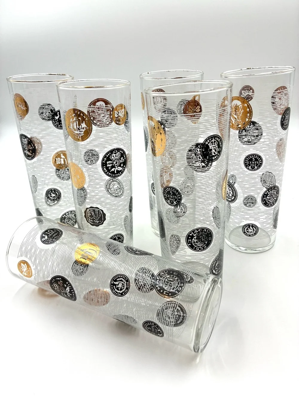 VTG Libbey Tom Collins Glasses Set of 6 International Coins Black Gold MCM 7